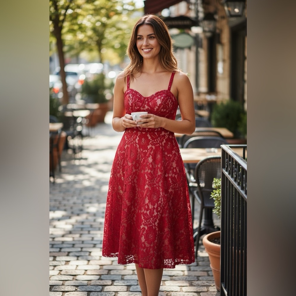 NWT Pretty Little Thing Lace Midi Bright Red Dress Party Hearts Day Sz 4 Corset